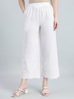 Go Colors - Women White Cotton Crop Hakoba Wide Leg Pants
