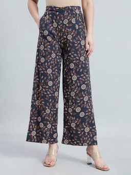 Go Colors - Navy and Beige Floral Printed Palazzo