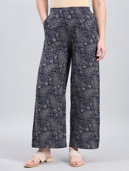 Go Colors - Navy and Beige Paisley Printed Palazzo