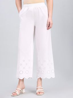 Go Colors - White Embroidered Hem Wide Leg Pants