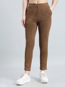 Go Colors - Women Solid Brown Mid Rise Suede Treggings