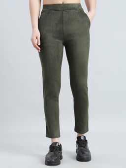 Go Colors - Women Solid Dark Olive Mid Rise Suede Treggings