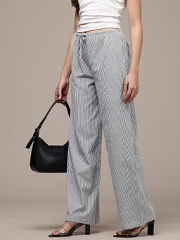 Popnetic - Women Monochrome Cotton Linen Striped Wide Leg Trousers