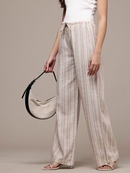 Popnetic - Women Beige and White Linen Striped Wide Leg Trousers