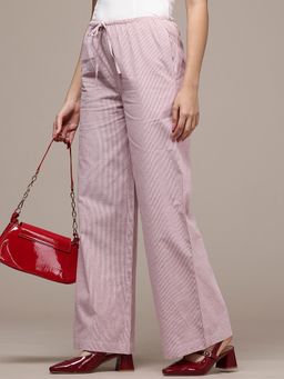 Popnetic - Women Pink Cotton Linen Striped Wide Leg Trousers