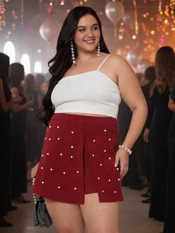Martini - Women Red Plus Size Pearl Embellished Skort