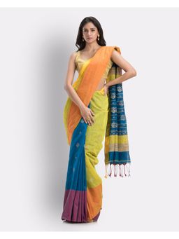 Angoshobha - Handwoven Printed Festive Cotton Blend Saree -Yellow Blue with Unstitched