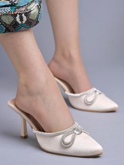 Shoetopia - Crystal Embellished White Mule Heels for Women