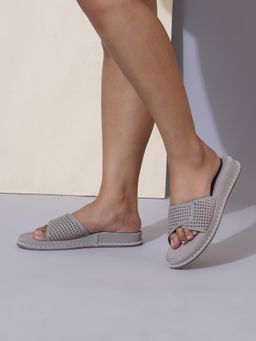 Sherrif Shoes - Khaki Embellished Open Toe Flats