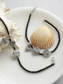PANASH - Oxidized Silver-Plated Black Beaded Paisley Shaped Handcrafted Anklets