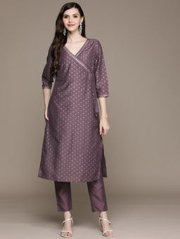 Ziyaa - Women Purple Chinon Straight Kurta and Pants (Set of 2)