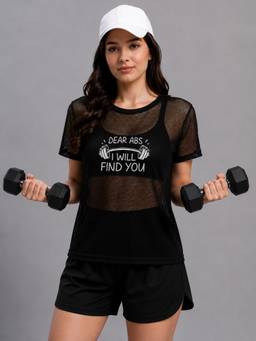 Label nyc apparel - Women Black Mesh Round Neck T-Shirt