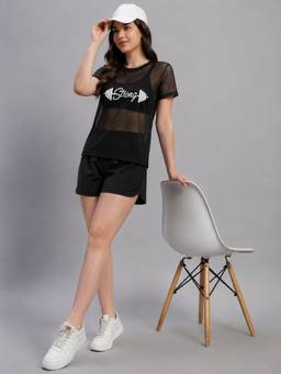 Label nyc apparel - Women Black Mesh Round Neck T-Shirt