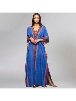 First Resort by Ramola Bachchan - Blue Tribal Full Length Kaftan with Mirror Lace