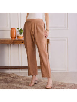 First Resort by Ramola Bachchan - Women's Brown Chanderi Straight Pant