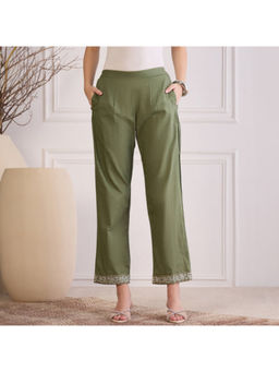 First Resort by Ramola Bachchan - Women's Olive Cotton Straight Pant