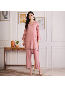 First Resort by Ramola Bachchan - Carnation Pink Floral Cutwork Embroidered Set