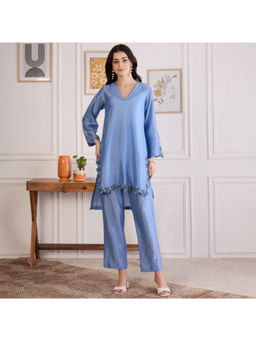 First Resort by Ramola Bachchan - Women's Blue Chanderi Solid Kurta and Pant