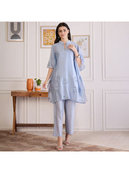 First Resort by Ramola Bachchan - Women's Blue Chanderi Embroidered Kurta and Pant