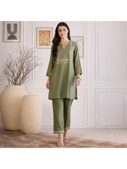 First Resort by Ramola Bachchan - Women's Olive Cotton Embroidered Kurta and Pant