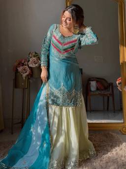Gahan - Womens Aqua Blue Silk Heavy Thread Embroidery Work Kurta with Gharara & Dupatta
