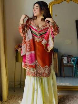 Gahan - Womens Rust Silk Heavy Thread Embroidery Work Kurta with Gharara & Dupatta