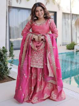 Gahan - Womens Pink Thread Embroidery Work Kurta with Palazzo & Dupatta