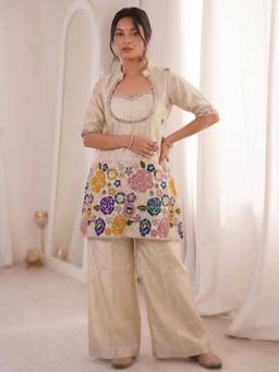 Gahan - Womens Off White Silk Thread Embroidery Work Kurta & Blouse with Palazzo