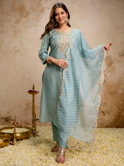 Gahan - Womens Sea Green Heavy Thread Embroidery Work Kurta with Pant & Dupatta