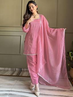Gahan - Womens Pink Crunchy Silk Lace Work Kurta with Patiala Salwar & Dupatta