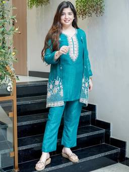 Gahan - Womens Teal Silk Heavy Thread Embroidery Beads Work Kurta & Pant with Koti