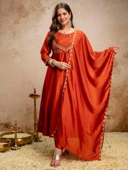 Gahan - Womens Orange Vichitra Thread Embroidery Work Anarkali Kurta with Pant & Dupatta