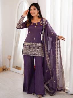 Gahan - Womens Purple Thread Embroidery Work Kurta with Palazzo & Dupatta