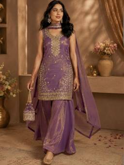 Gahan - Womens Purple Fandy Thread Embroidery Work Kurta with Palazzo & Dupatta