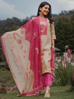 Gahan - Womens Fancy Cream Zarna Silk Printed Kurta with Pant & Dupatta