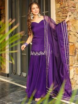 Gahan - Womens Purple Rangoli Silk Embroidery Lace Border Kurta with Palazzo & Dupatta