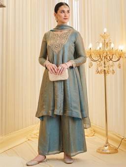 Gahan - Womens Fancy Sea Green Fandy Silk Anarkali Kurta & Palazzo with Dupatta