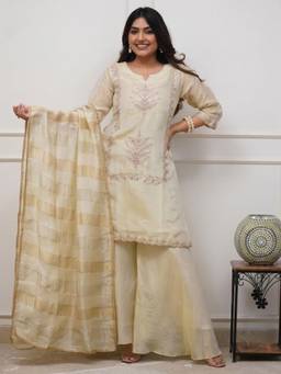 Gahan - Womens Fancy Cream Chinon Silk Kurta with Palazzo & Dupatta