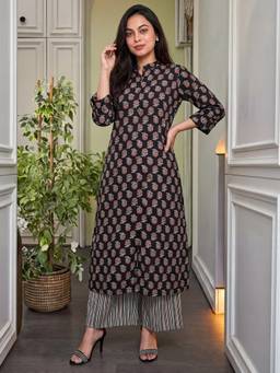 Gahan - Womens Fancy Black Pure Cotton Kurta with Palazzo