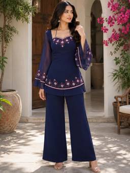Gahan - Womens Navy Blue Georgette Thread Embroidery Work Kurta with Palazzo