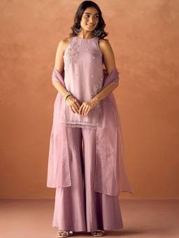 Gahan - Womens Mauve Crunchy Beads Work Kurta with Palazzo & Dupatta
