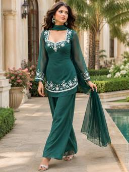 Gahan - Womens Green Heavy Thread Embroidery Work Kurta with Palazzo & Dupatta