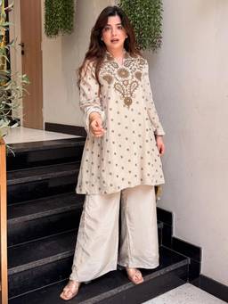 Gahan - Womens Cream Silk Crepe Heavy Thread Embroidery Kurta with Palazzo
