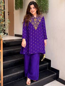 Gahan - Womens Purple Silk Crepe Heavy Thread Embroidery Kurta with Palazzo