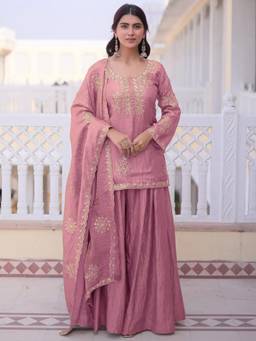 Gahan - Womens Pink Heavy Thread Embroidery Kurta with Palazzo & Dupatta