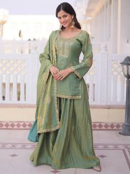 Gahan - Womens Pista Green Heavy Thread Embroidery Kurta with Palazzo & Dupatta