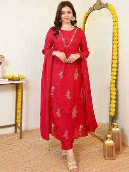 Gahan - Womens Red Heavy Thread Embroidery Work Kurta with Pant & Dupatta
