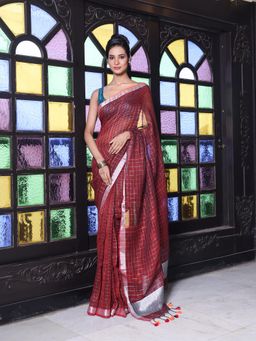 CHARUKRITI - Zari Border Maroon Checkbox Designs Soft Saree with Unstitched Blouse