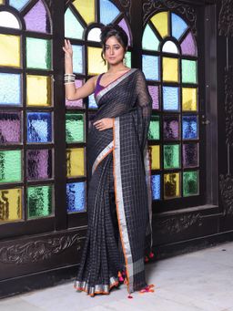 CHARUKRITI - Zari Border Black Checkbox Designs Soft Saree with Unstitched Blouse