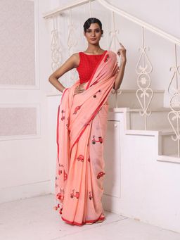 CHARUKRITI - Peach Bengali Style Mulmul Cotton Soft Saree Without Blouse